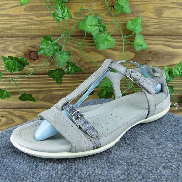 ECCO Women Gladiator Sandal Shoes Gray Leather‎ Size 41 Medium - Picture 1 of 9
